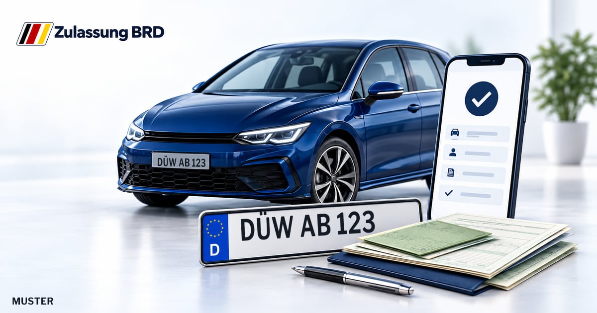 Online Fahrzeugzulassung in Lambrecht: Musterkennzeichen DÜW AB 123, Auto und Fahrzeugpapiere und Smartphone. Illustration mit Logo von Zulassung BRD.